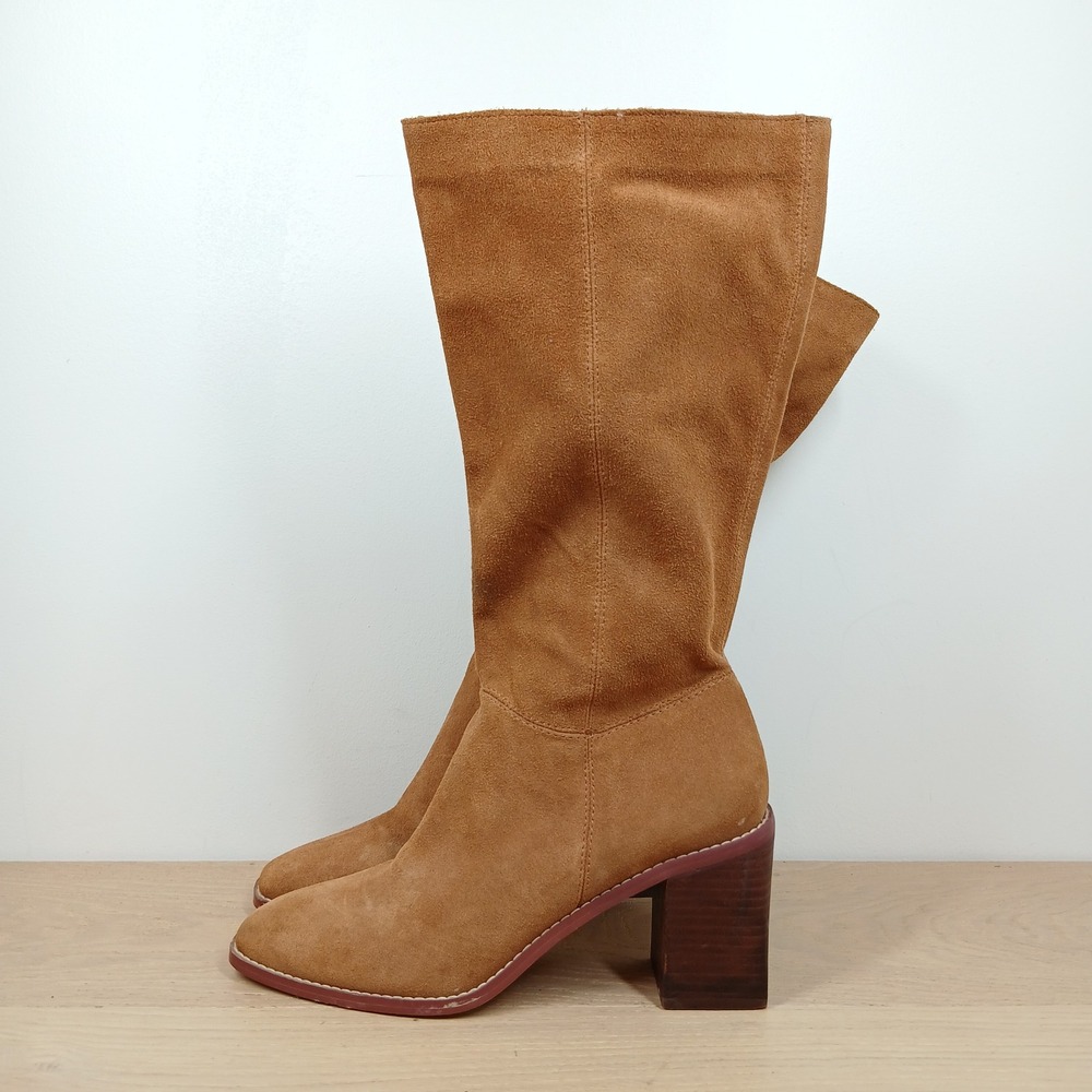 Crown Vintage Mid Calf Slouch Boots Women's 8.5 Tan Suede Block Heel 70s Retro - Picture 2 of 12